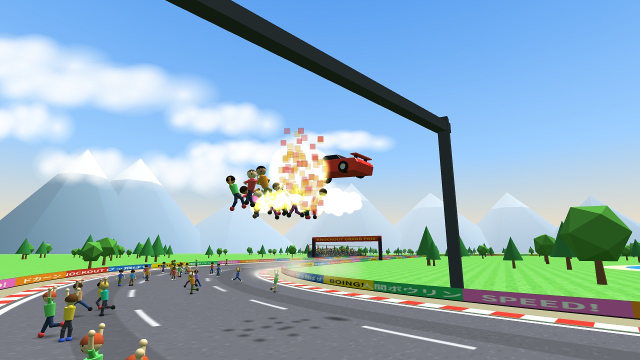 ジャンプ台から飛んだ赤いスポーツカーが鳥かごを突き破り、中の人たちが吹っ飛ぶゲーム画面