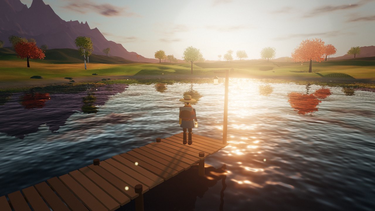 夕日がきらめく湖へ延びる桟橋の先に、ランタンを提げた麦わら帽子の旅人が立つゲーム画面